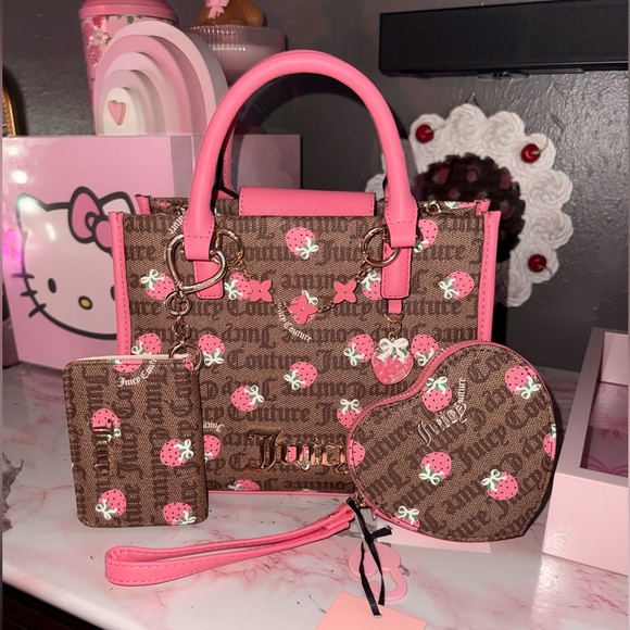 Juicy Couture Strawberry Print Satchel with Matching Wallet and Heart Coin Pouch - Picture 4 of 6
